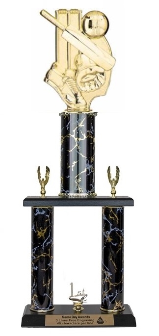 2 Post <BR> Cricket Theme Trophy<BR> 18-22 Inches<BR> 10 Colors