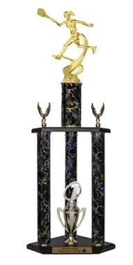 3 Column Trophy<BR> Female Motion Tennis<BR> 26 to 36 Inches<BR> 10 Colors