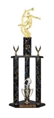 3 Column Trophy<BR> Male Motion Volleyball<BR> 26 to 36 Inches<BR> 10 Colors
