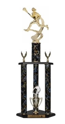 3 Column Trophy<BR> Female Motion Lacrosse<BR> 26 to 36 Inches<BR> 10 Colors
