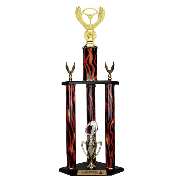 3 Column Flame Trophy<BR> Winged Wheel Trophy <BR> 26 to 32 Inches