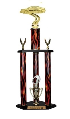 3 Column Flame Trophy<BR> Rally Car Trophy <BR> 26 to 32 Inches