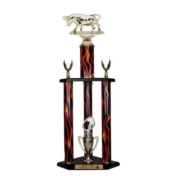 3 Column Flame Trophy<BR> Raging Bull <BR> 26 to 36 Inches