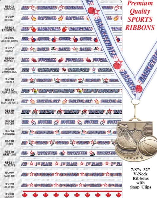 Case of 100<BR> 7/8" x 32"<BR> Medal Sports Theme Neck Ribbons<BR> With Clip