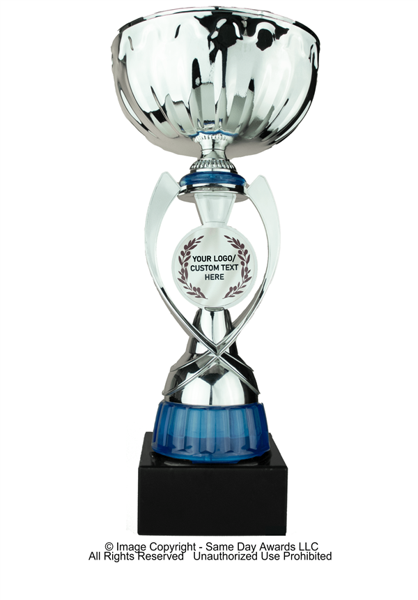 Silver & Blue Custom Logo<BR> Metal Trophy Cup<BR> 12 to 13.5 Inches
