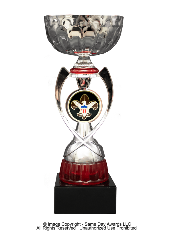Silver & Red Boy Scout<BR>or Custom Logo<BR> Metal Trophy Cup<BR> 11.75 to 13 Inches