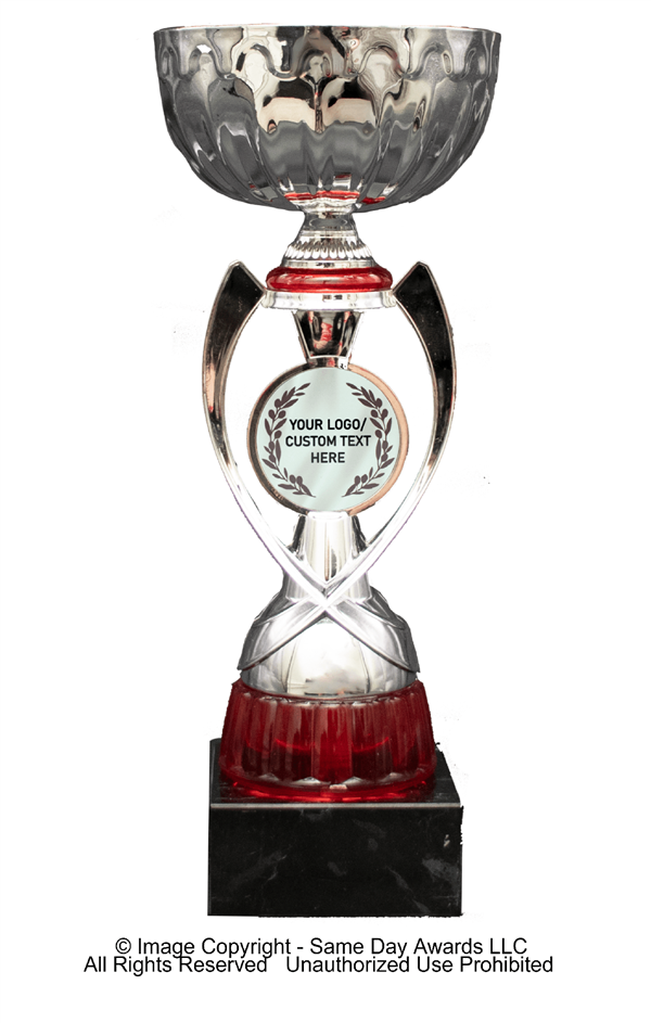 Silver & Red Custom Logo<BR> Metal Trophy Cup<BR> 11.75 to 13 Inches