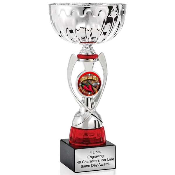 Silver & Red Chili Cook Off<BR> Or Custom Logo <BR> Metal Cup<BR> 11.75 to 13 Inches