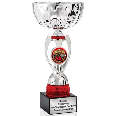 Silver & Red Chili Cook Off<BR> Or Custom Logo <BR> Metal Cup<BR> 11.75 to 13 Inches