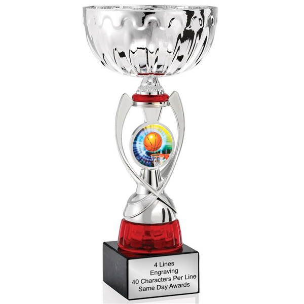 Silver & Red Basketball<BR> Or Custom Logo <BR> Metal Cup<BR> 11.75 to 13 Inches