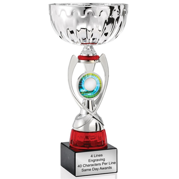 Silver & Red Golf<BR> Or Custom Logo <BR> Metal Cup<BR> 11.75 to 13 Inches