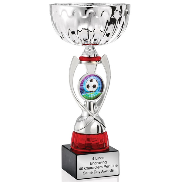Silver & Red Soccer<BR> Or Custom Logo <BR> Metal Cup<BR> 11.75 to 13 Inches