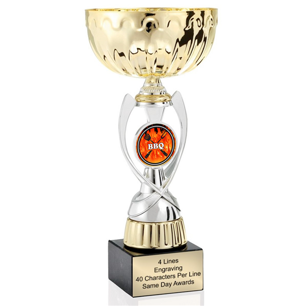 Gold BBQ Flame<BR> Or Custom Logo<BR> Metal Trophy Cup<BR>  11.75 to 13 Inches