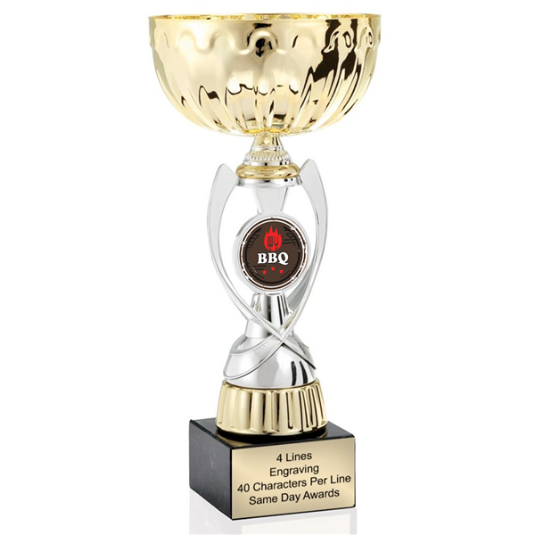 Gold BBQ Logo 2<BR> Or Custom Logo<BR> Metal Trophy Cup<BR>  11.75 to 13 Inches