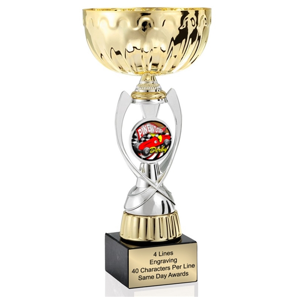 Silver & Gold Pinewood Derby or Custom Logo<BR> Metal Trophy Cup<BR> 12 to 13.5 Inches