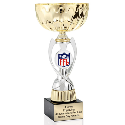 Gold FFL Shield<BR> Or Custom Logo<BR> Metal Trophy Cup<BR>  11.75 to 13 Inches