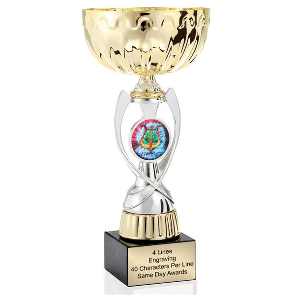 Gold Music<BR> Or Custom Logo<BR> Metal Trophy Cup<BR>  11.75 to 13 Inches
