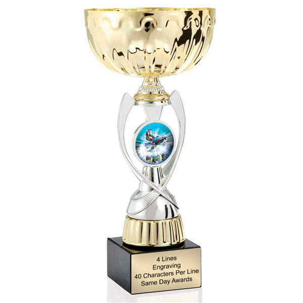 Gold Snowmobile<BR> Or Custom Logo<BR> Metal Trophy Cup<BR>  11.75 to 13 Inches