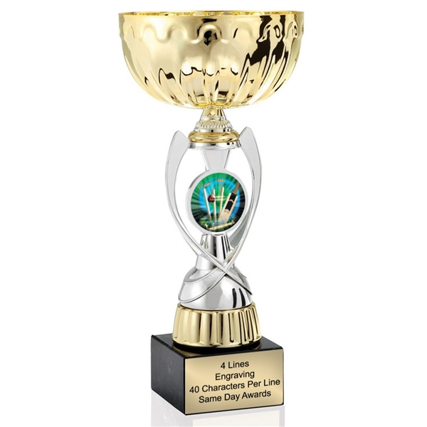 Silver & Gold Cricket or Custom Logo<BR>Metal Trophy Cup <BR> 12.5 or 13 Inches Inches