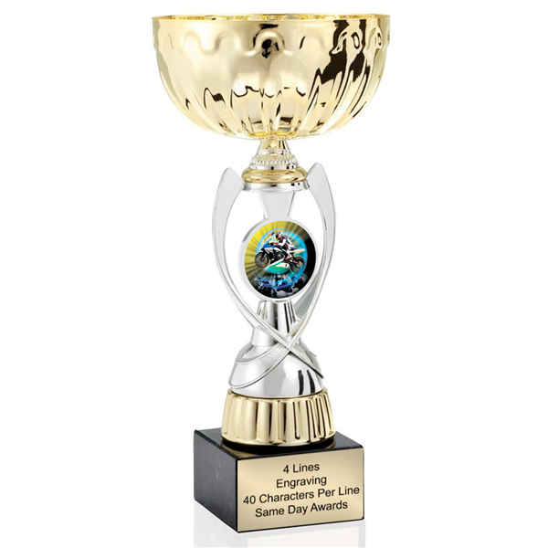 Gold Motorcyle<BR> Or Custom Logo<BR> Metal Trophy Cup<BR>  11.75 to 13 Inches