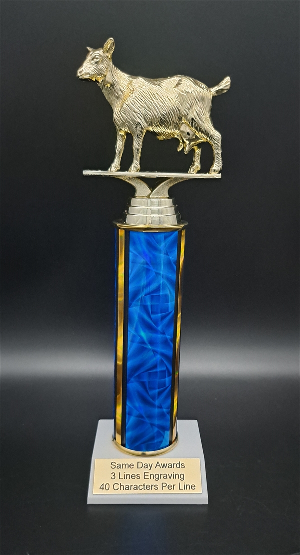 Blue Single Column<BR> Goat Trophy<BR> 11 Inches