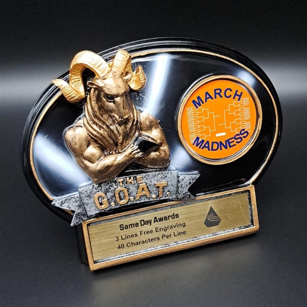 Burst Thru G.O.A.T. <BR> March Madness or Custom Logo<BR> Wall Plaque or Stand Up Trophy<BR> 7 1/4" x 5"