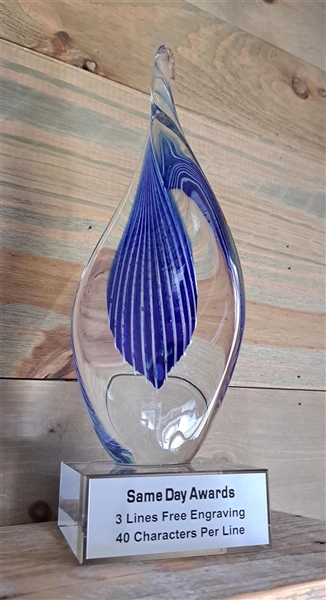 Blue Swirl<BR> Art Glass Trophy<BR> 13.5 Inches