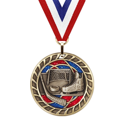 Glitter Hockey Medal<BR> Gold/Silver/Bronze<BR> 2.5 Inches