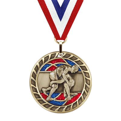 Glitter Wrestling Medal<BR> Gold/Silver/Bronze<BR> 2.5 Inches