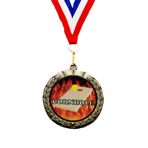 Antique Wreath<BR>Flame Cornhole or Custom Medal<BR> Gold/Silver/Bronze<BR> 2.75 Inches
