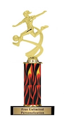 Single Flame Column Trophy <BR> Soccer Female Motion <BR> 10-12 Inches<BR> 9 Colors