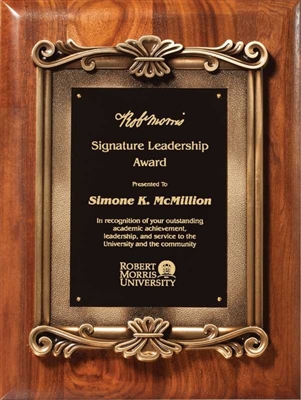 Genuine Walnut Plaque<BR> Premier Corporate<BR> Gold Scroll Cast<BR> 12x15 Inches