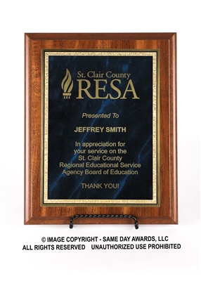 SAME DAY<BR>Walnut Finish Plaque<BR> Economy Corporate<BR> Blue Mist and Gold<BR> 8x10 or 9x12 Inches
