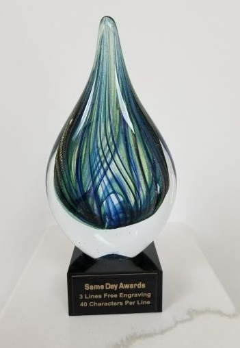 SAME DAY<BR>Green Drop<BR> Art Glass Trophy<BR> 7 Inches