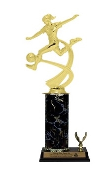 Single Column Trophy - 1 Trim<BR> Female Motion Soccer <BR> 10-12 Inches<BR> 9 Colors