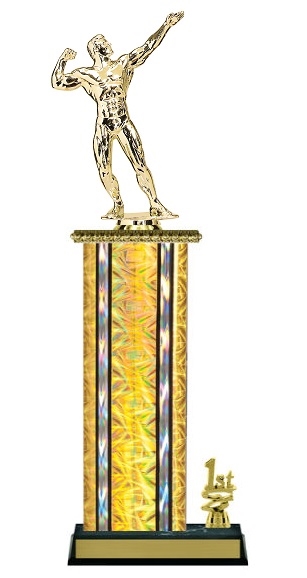 Wide Column with Trim<BR> M Bodybuilding Trophy<BR> 12-14 Inches<BR> 10 Colors