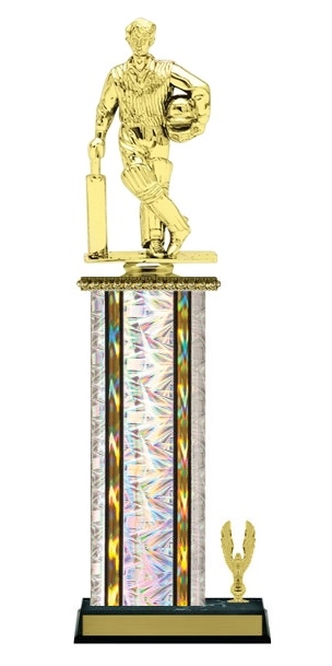 Wide Column with Trim<BR> Cricket Standing Batsman Trophy<BR> 12-14 Inches<BR> 10 Colors