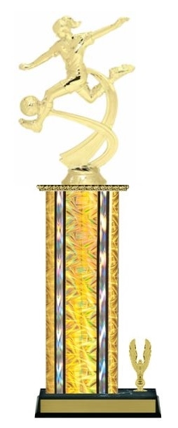 Wide Column with Trim<BR> Female Soccer Trophy<BR> 12-14 Inches<BR> 10 Colors